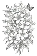 daisies and daffodils bouquet with sprinkling of cherry blossoms, snow drops, violets, filler, stems tattoo design idea