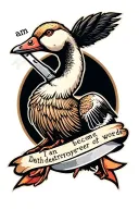 goose with knife in beak with text saying "I am become Death destroyer of words" in a ribbon tattoo design idea