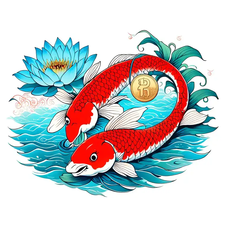features a red Koi fish, a blue lotus flower, and traditional-style water and clouds with Japanese coin at the mouth tattoo design idea