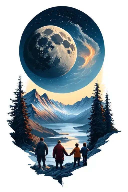mountain landscape and father and three children and giant moon tattoo design idea