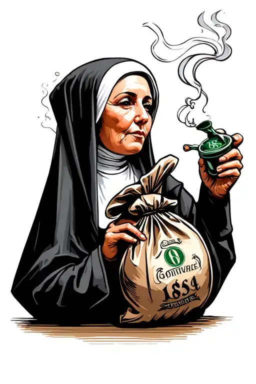 nun smoking and money bag tattoo design idea