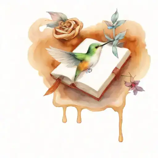 closed book on its side with a hummingbird and cinnamon roll on top tattoo design idea