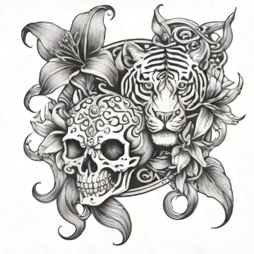 Aries , Libra, skull, tiger lilies intertwined tattoo design idea