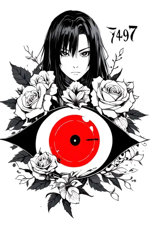 a Rave with a mangekyu sharingan itachi,749 in mexican Carrer style,some other fillers Like roses maybe and a signature tattoo design idea
