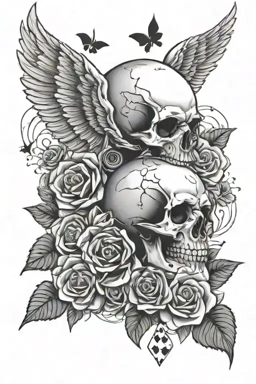 skull, rose, wings, angel, poker cards, cloud background tattoo design idea