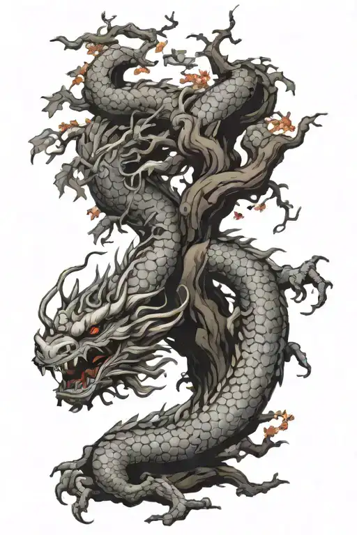 old oak tree few coloured leaves Japanese dragon tattoo design idea
