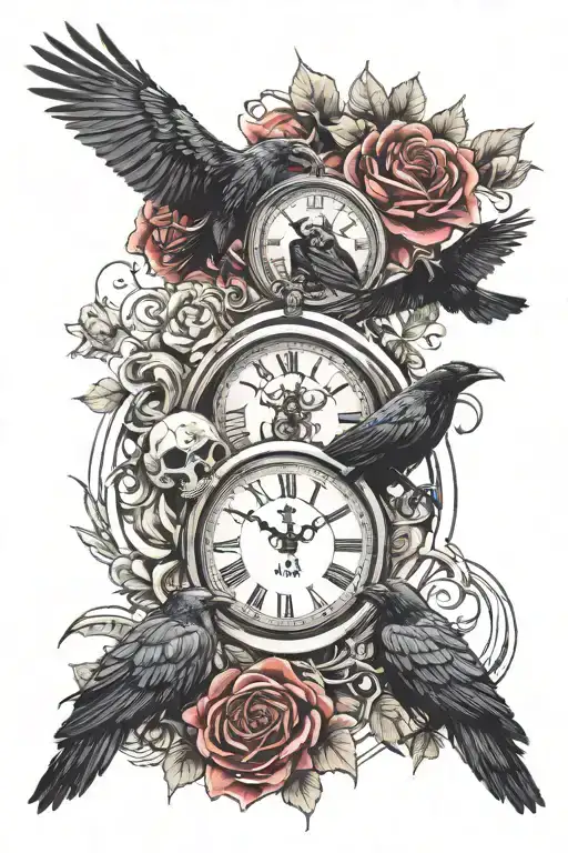 skulls, red roses, 2 ravens, clock with geometric background  tattoo design idea