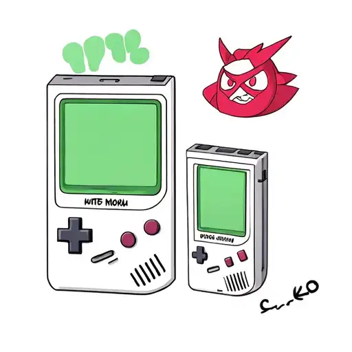 2 fat old gameboy one green with sailor moon stick on screen and the red one witch the face of sangoku without mouth,eye tattoo design idea