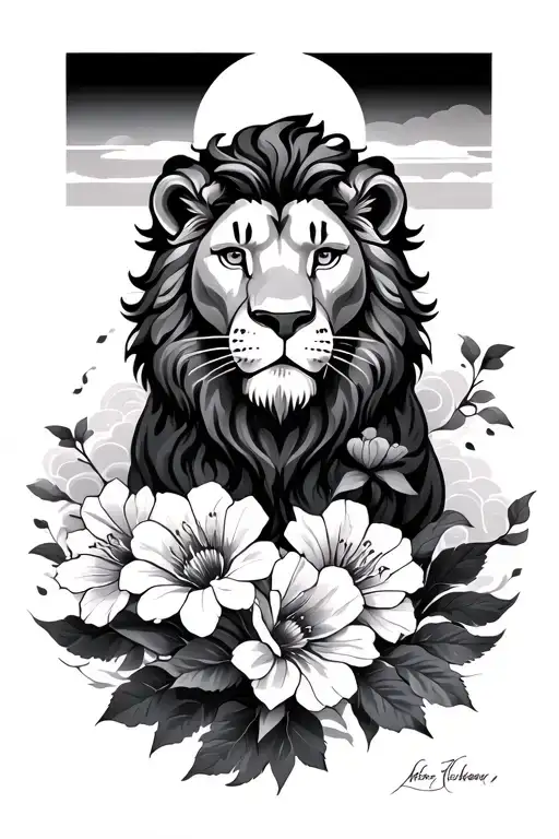 Lion, flowers, japanese clouds, and the rising sun tattoo design idea
