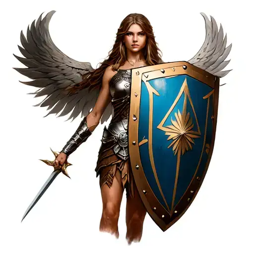 Shield maiden holding a shield infront at legs tattoo design idea