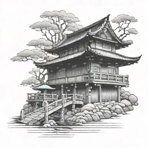japanese samuri looking sideways with a traditoinal japanese house behind. i also want a small bridge over water.  tattoo design idea