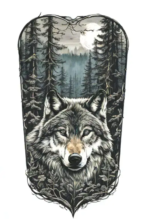 wolf blue eyes howling forest landscape tattoo design idea