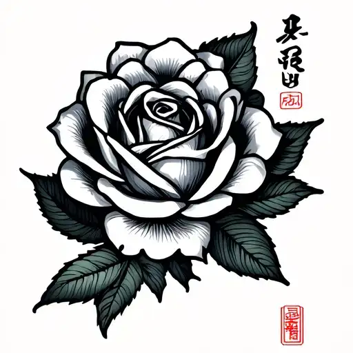 The sketch should contain a rose and waves, which were used in Japanese tattoos, as well as Japanese characters - 福, 夢,  tattoo design idea