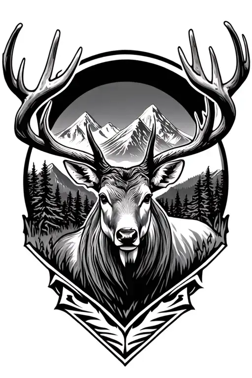 buck with Mountains behind it tattoo design idea