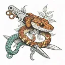 corn snake wrapping safety scissors being beheaded by the scissors tattoo design idea