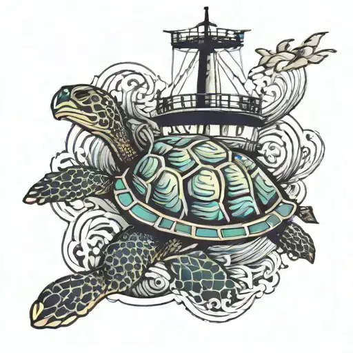 A cruise ship sailing through a sea turtle-filled ocean tattoo design idea