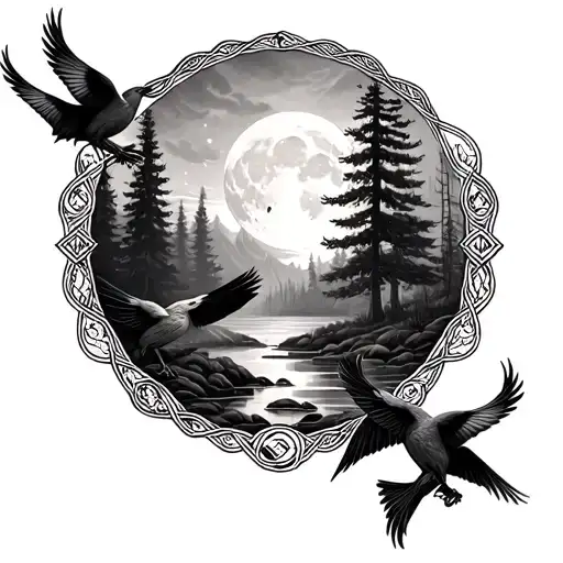 Gaelic symbols with birds and the forest and moon surrounded tattoo design idea