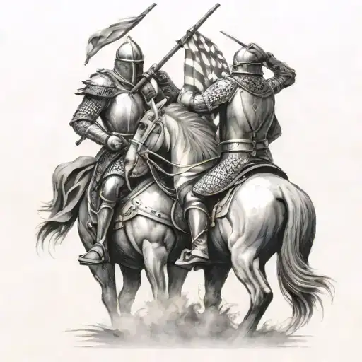 knights on their horses bowing down to a flag waving tattoo design idea