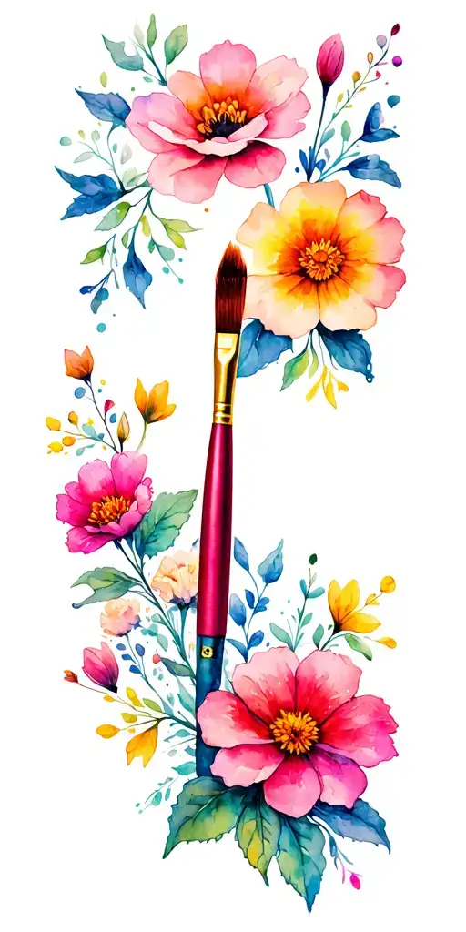 a paintbrush surrounded by flowers, max duration 2 1/2 hours tattoo design idea
