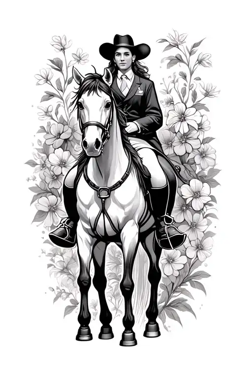 A teacher riding a horse adorned with spurs, surrounded by a garden of blooming flowers tattoo design idea