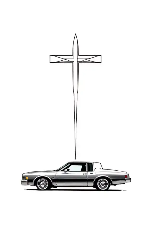 1976 buick lesabre with a cross behind it in memory of Ruben Hernández 06/20/76-10/04/23  tattoo design idea