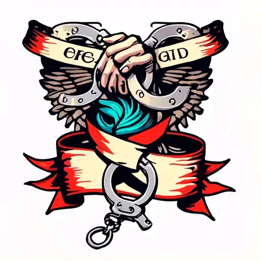 handcuffs and banner ribbon across front tattoo design idea