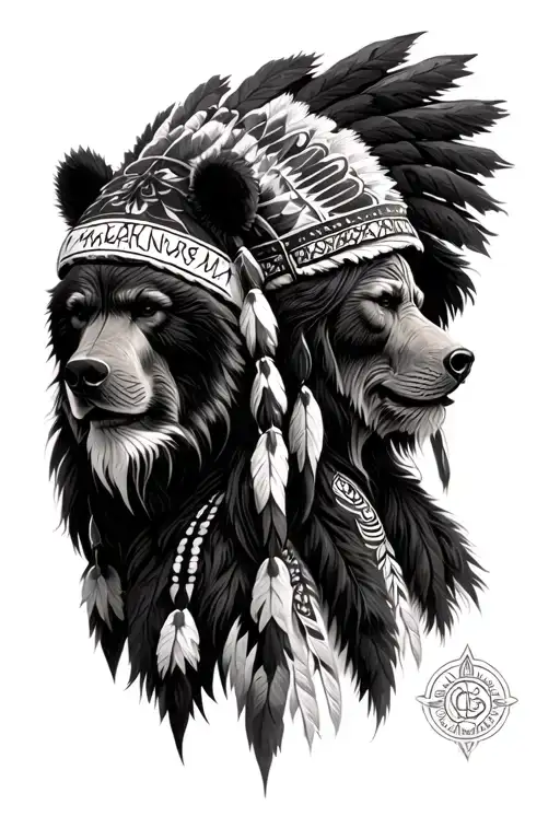 Native American medicine man and 5 bear head tattoo design idea