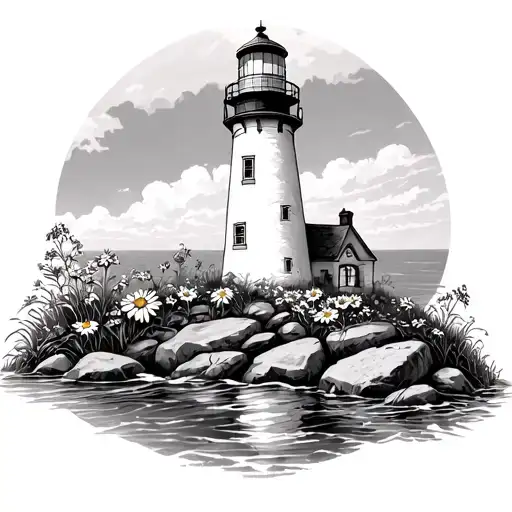 Black and white lighthouse with rocks and small wild daisies , larkspur and marigolds tattoo design idea