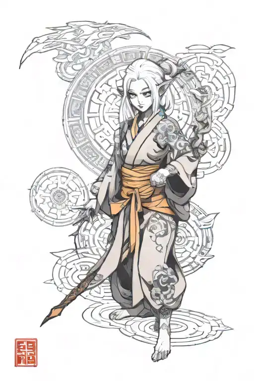 Night elf girl with white hair, slender, monk from world of warcraft tattoo design idea