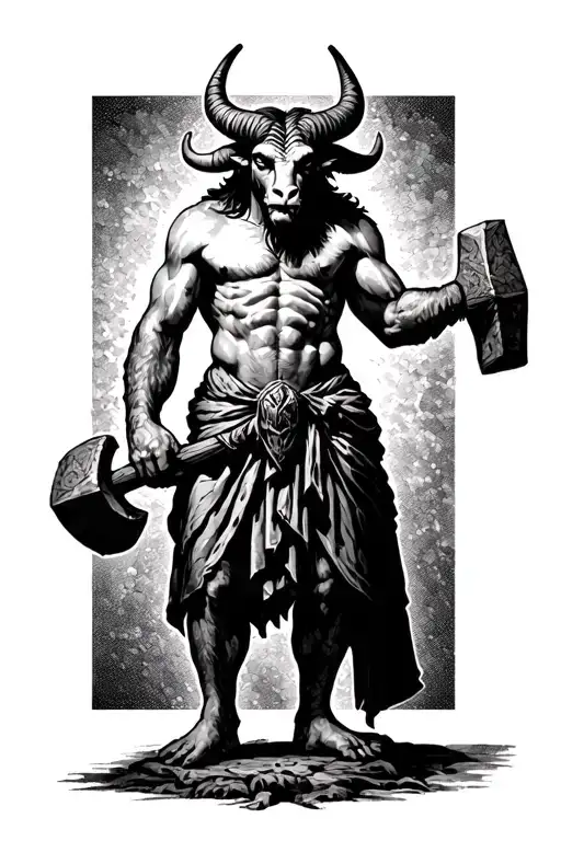 Greek Minotaur hammer in hand standing tall amidst sad gothic tattoo design idea
