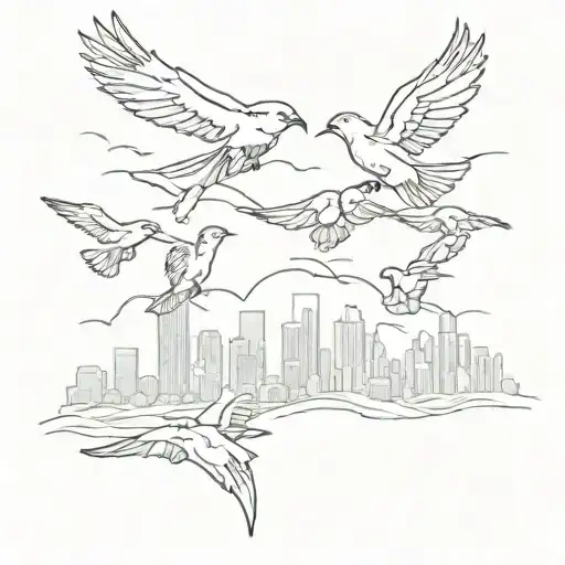 A sketch tattoo of a family of birds flying over the Los Angeles skyline tattoo design idea
