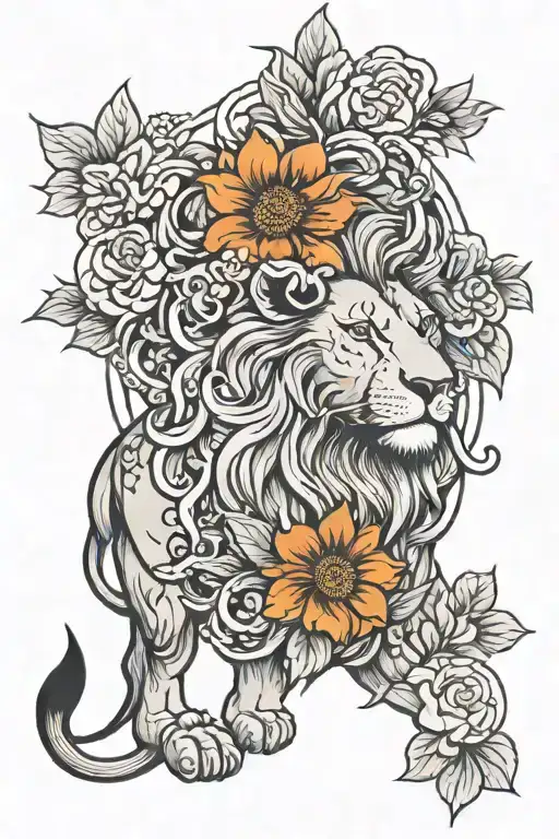 lion with flowers and sun setting tattoo design idea