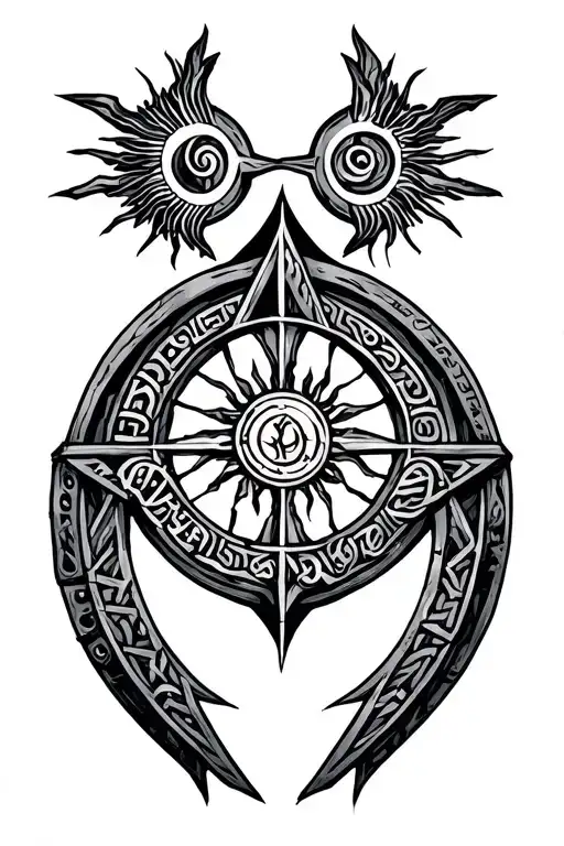 Old Norse and Slavic symbols, rune Kolovrat sun wheels, the Valknut, shield emblems, Gothic blackletter  tattoo design idea