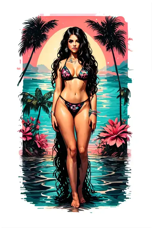 Sexy girl, petite, small boobs, wide hips, bikini . long hair,sexual. Seductive. Full Body, standing with legs and feet tattoo design idea