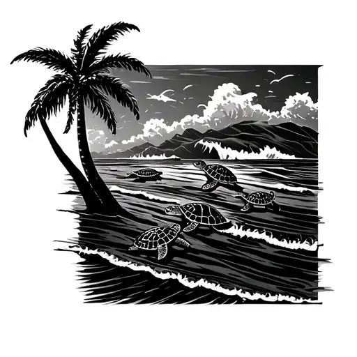 shoreline with palm trees and waves crashing as three baby sea turtles move to the shoreline  tattoo design idea