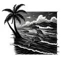 shoreline with palm trees and waves crashing as three baby sea turtles move to the shoreline  tattoo design idea