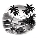 shoreline with palm trees and waves crashing as three baby sea turtles move to the shoreline  tattoo design idea
