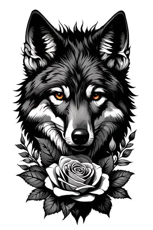 mean Coyote with roses growing tattoo design idea