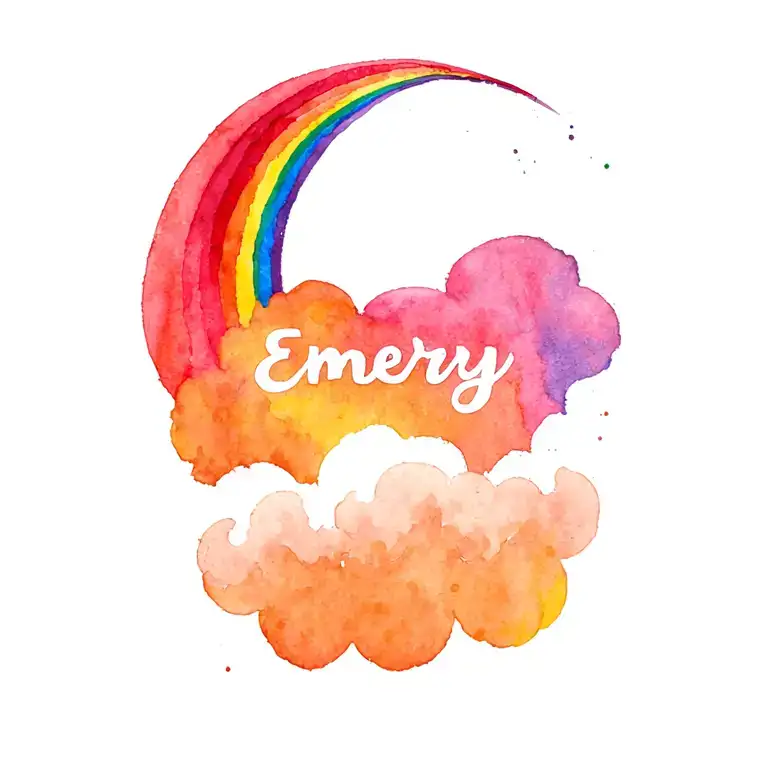 Rainbow with cloud at the end. The center of the cloud has the name Emery. tattoo design idea