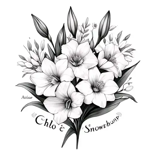 Gladiolus, Aster, Narcissus, Snowdrop with Chloe's name tattoo design idea