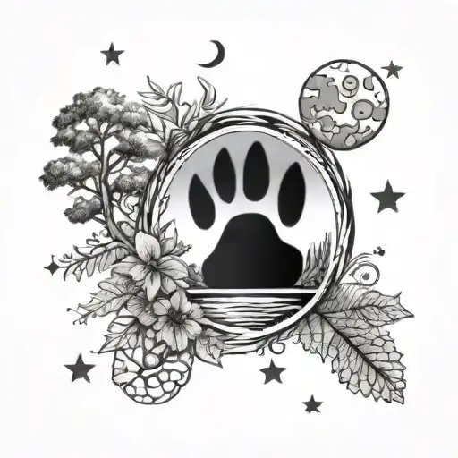 dog paw print with campet van, trees, water, moon and stars in the paw print tattoo design idea