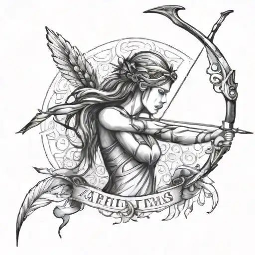 the name Artemis with bow and arrow tattoo design idea