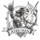 the name Artemis with bow and arrow tattoo design idea