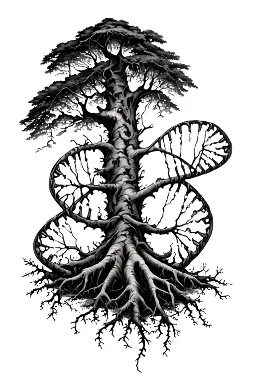 forest with roots and dna double helix tattoo design idea