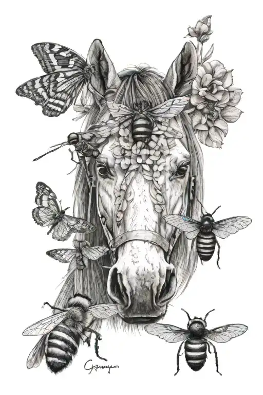 horse, buck, bee, and moth tattoo design idea