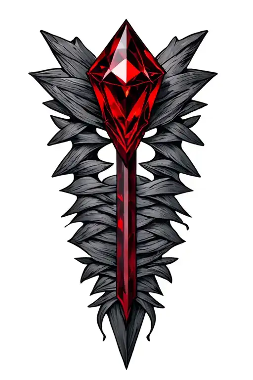 Gothic theme. long arrow tattoo, vertical orientation for outer calf. red ruby arrow head. tattoo design idea