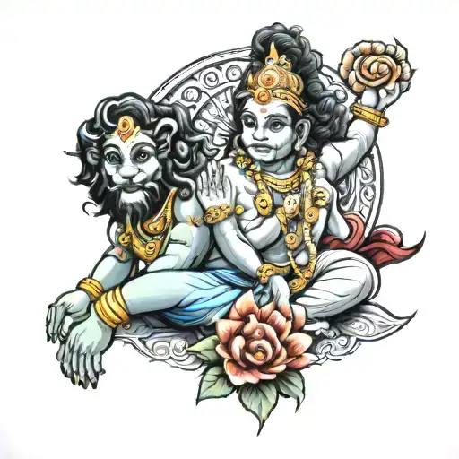 lord krishna sitting and lord Narasimha on forearm tattoo design idea