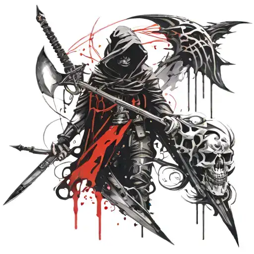 Two Hooded Reapers who have crossed their scythes opposed joined tattoo design idea