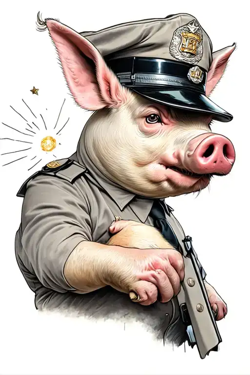 pig in a cop uniform but someone is shooting it in the head with a pistol tattoo design idea