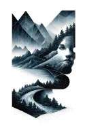 A geometric design representing the interconnectedness of mind, body, and spirit, with elements of nature like mountains and rivers flowing through it tattoo design idea